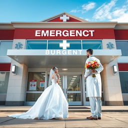 A symbolic representation of an emergency department personified as a bride, elegantly dressed in a wedding gown, standing in front of the hospital's entrance