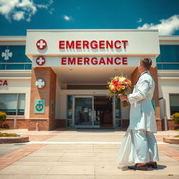 A symbolic representation of an emergency department personified as a bride, elegantly dressed in a wedding gown, standing in front of the hospital's entrance