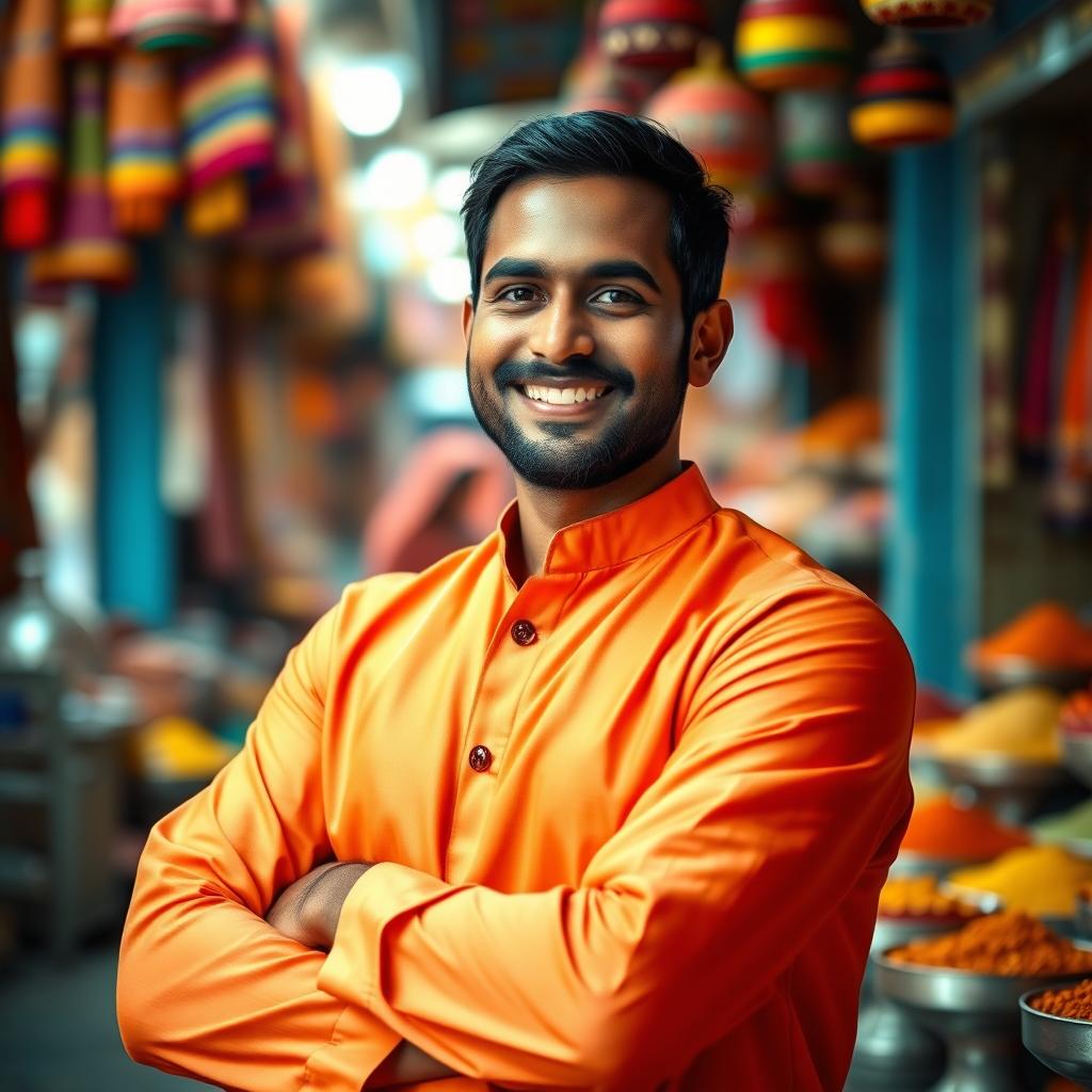 A portrait of an Indian man with a warm smile, wearing a traditional kurta in bright colors, standing confidently with his arms crossed