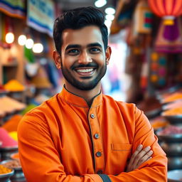 A portrait of an Indian man with a warm smile, wearing a traditional kurta in bright colors, standing confidently with his arms crossed