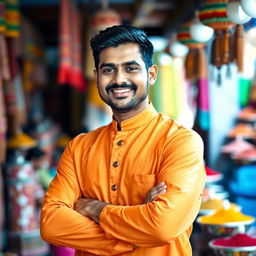 A portrait of an Indian man with a warm smile, wearing a traditional kurta in bright colors, standing confidently with his arms crossed