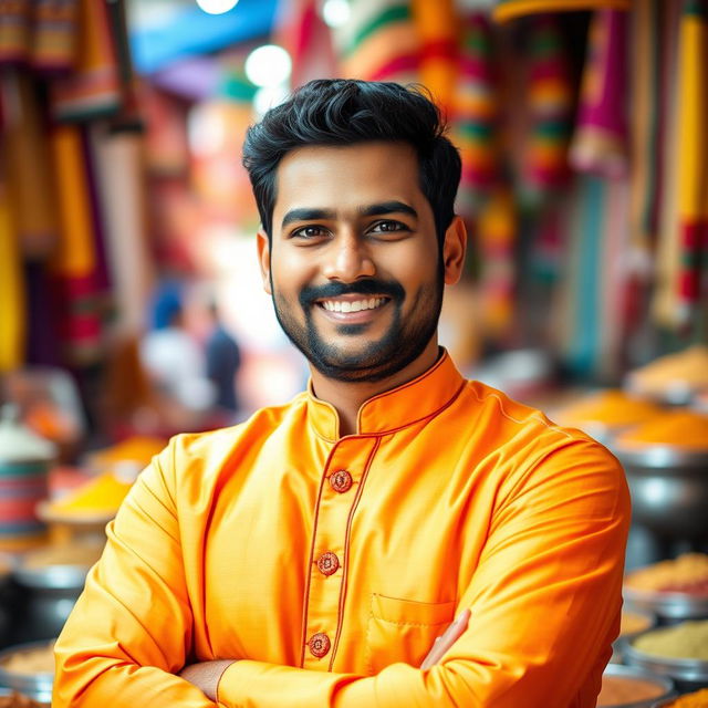 A portrait of an Indian man with a warm smile, wearing a traditional kurta in bright colors, standing confidently with his arms crossed