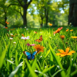 A vibrant, lush green grass floor, with sunlight filtering through trees above
