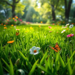 A vibrant, lush green grass floor, with sunlight filtering through trees above