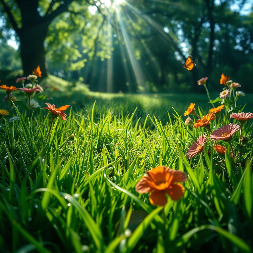 A vibrant, lush green grass floor, with sunlight filtering through trees above