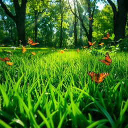 A vibrant, lush green grass floor, with sunlight filtering through trees above