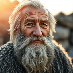 A close-up portrait of a hairy old man with a wise expression, showcasing his thick gray beard and a rugged, weathered face that tells stories of a long life