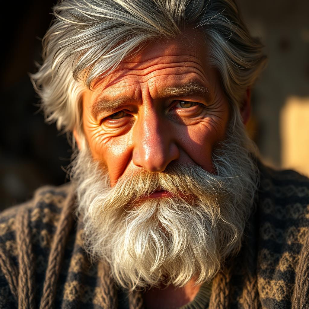 A close-up portrait of a hairy old man with a wise expression, showcasing his thick gray beard and a rugged, weathered face that tells stories of a long life