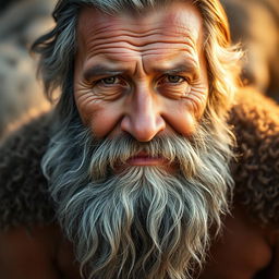 A close-up portrait of a hairy old man with a wise expression, showcasing his thick gray beard and a rugged, weathered face that tells stories of a long life