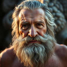 A close-up portrait of a hairy old man with a wise expression, showcasing his thick gray beard and a rugged, weathered face that tells stories of a long life