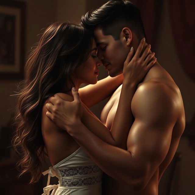 A sensual and intimate depiction of a couple engaged in a passionate embrace, highlighting their connection and the beauty of human intimacy