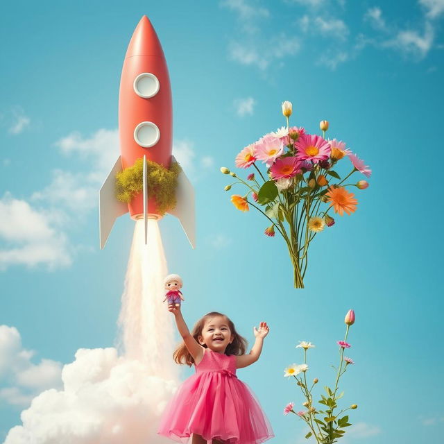 A whimsical Instagram story image featuring a little girl in a vibrant pink dress, joyfully holding a doll in her hand as she stands in front of a rocket that is launching upwards