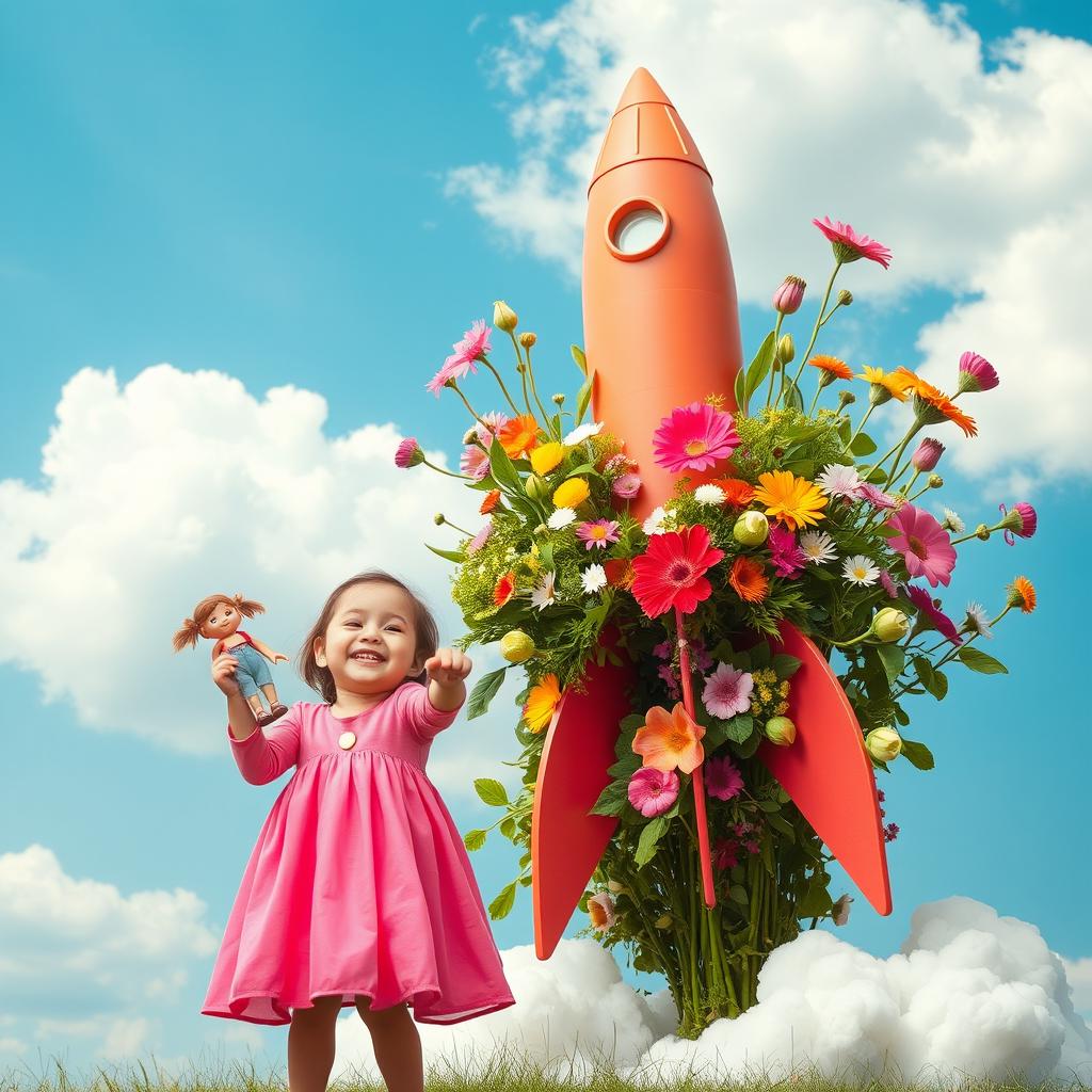 A whimsical Instagram story image featuring a little girl in a vibrant pink dress, joyfully holding a doll in her hand as she stands in front of a rocket that is launching upwards