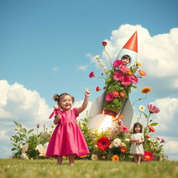 A whimsical Instagram story image featuring a little girl in a vibrant pink dress, joyfully holding a doll in her hand as she stands in front of a rocket that is launching upwards