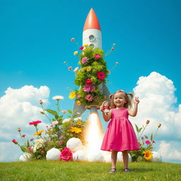 A whimsical Instagram story image featuring a little girl in a vibrant pink dress, joyfully holding a doll in her hand as she stands in front of a rocket that is launching upwards