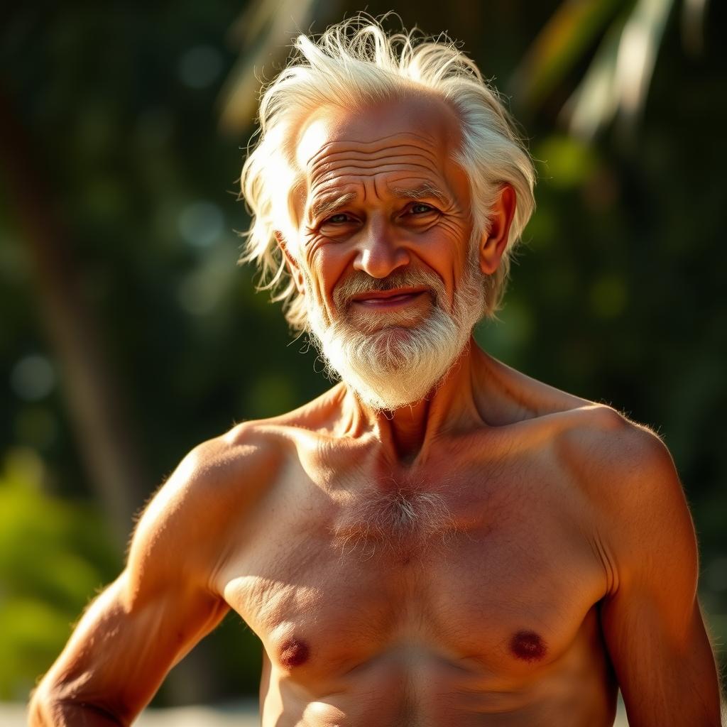 An elderly, hairy man standing confidently without clothes, showcasing his natural body hair and a proud expression on his face