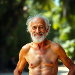 An elderly, hairy man standing confidently without clothes, showcasing his natural body hair and a proud expression on his face