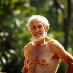 An elderly, hairy man standing confidently without clothes, showcasing his natural body hair and a proud expression on his face