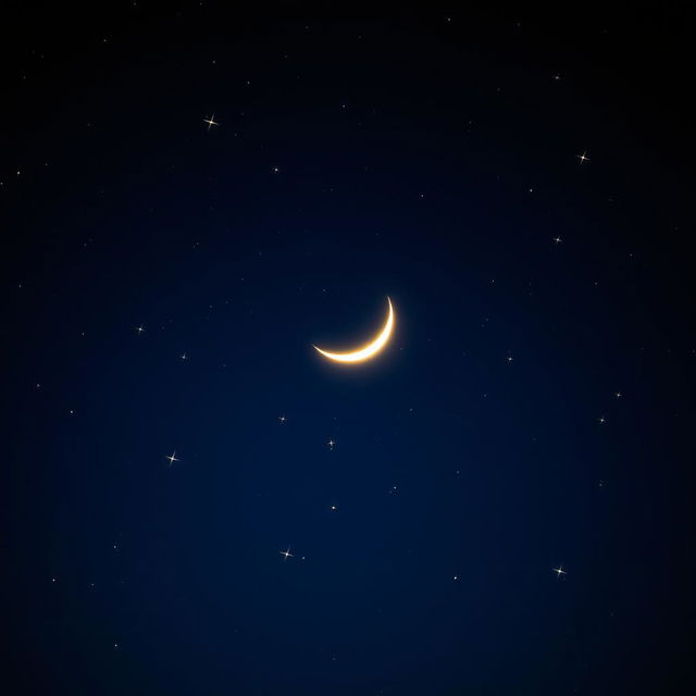 A serene night sky featuring a crescent moon glowing softly in pale yellow, set against a gradient of deep navy blue and black