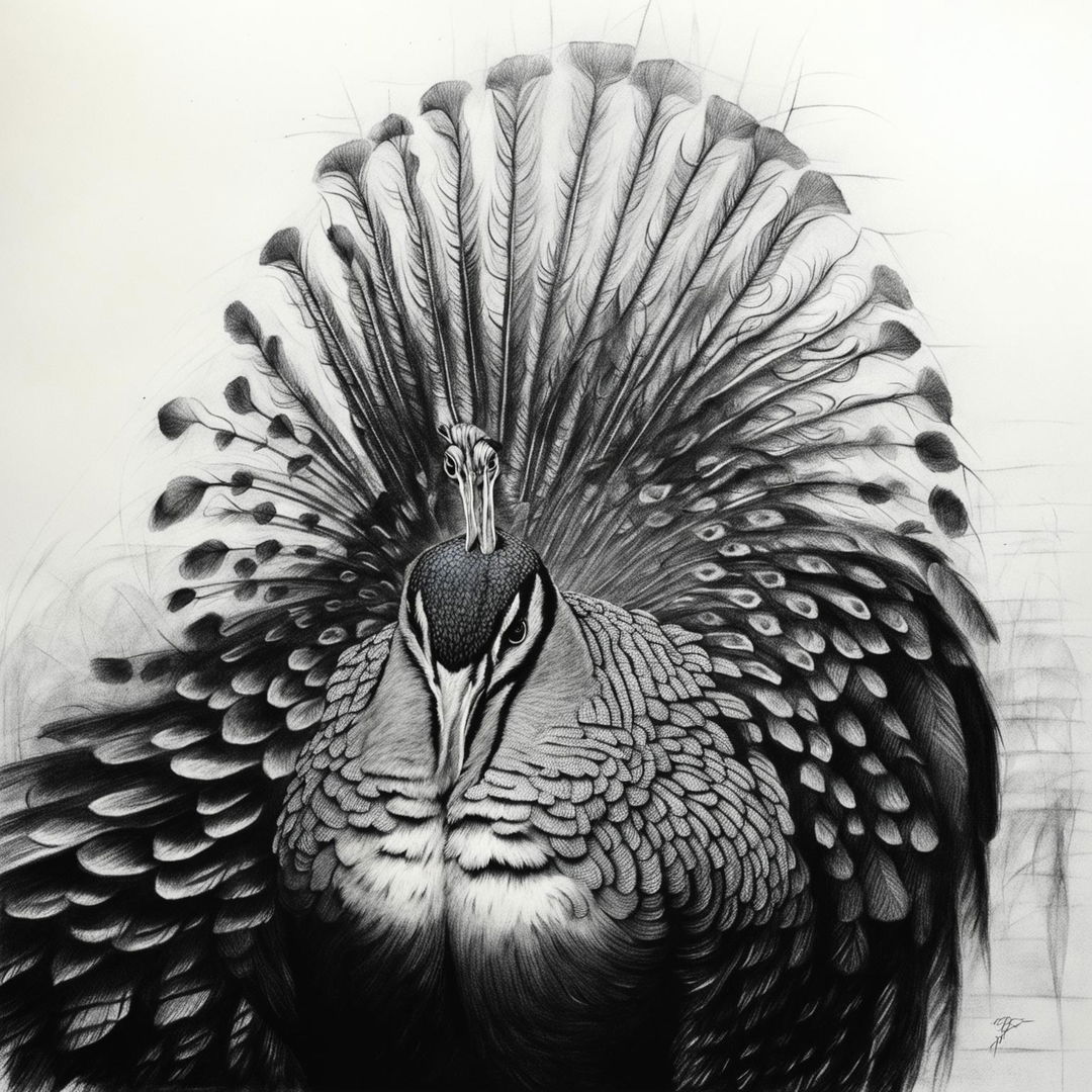 A high-quality black and white pencil sketch of a peacock with its plumage fanned out