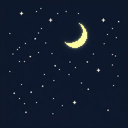 A pixel art depiction of a serene night sky, featuring a crescent moon glowing softly in pale yellow, set against a gradient background of deep navy blue and black