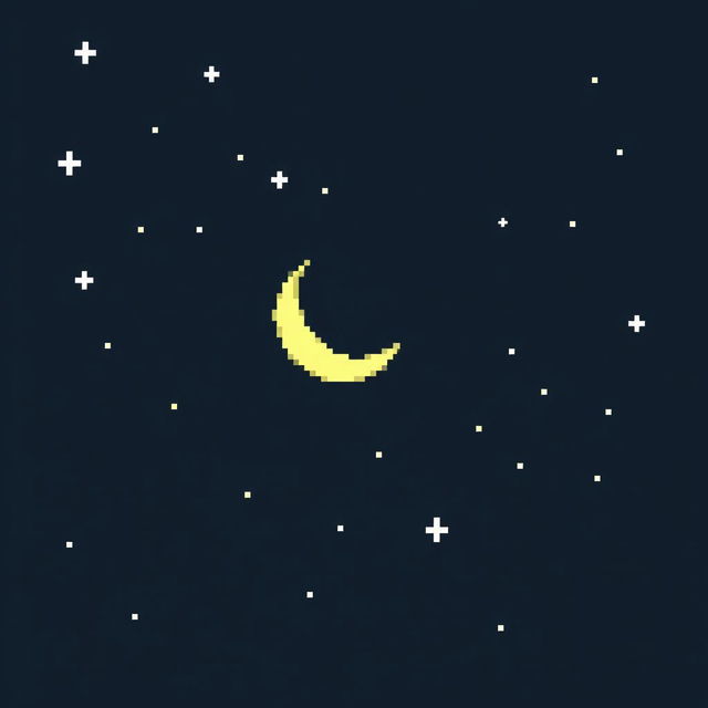 A pixel art depiction of a serene night sky, featuring a crescent moon glowing softly in pale yellow, set against a gradient background of deep navy blue and black