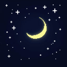 A pixel art depiction of a serene night sky, featuring a crescent moon glowing softly in pale yellow, set against a gradient background of deep navy blue and black