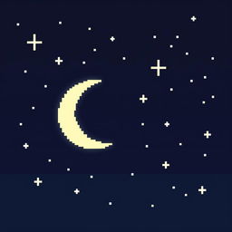 A pixel art depiction of a serene night sky, featuring a crescent moon glowing softly in pale yellow, set against a gradient background of deep navy blue and black