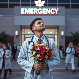 A male doctor standing in front of an emergency department, dressed in a white lab coat, stethoscope around his neck, holding a vibrant flower bouquet