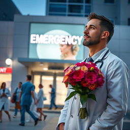 A male doctor standing in front of an emergency department, dressed in a white lab coat, stethoscope around his neck, holding a vibrant flower bouquet