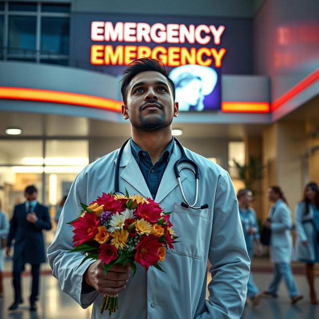 A male doctor standing in front of an emergency department, dressed in a white lab coat, stethoscope around his neck, holding a vibrant flower bouquet