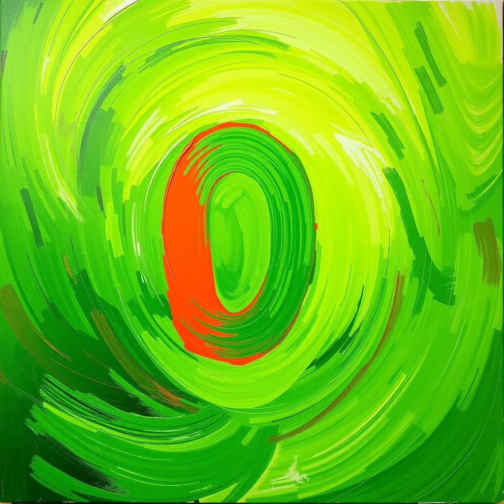 An abstract painting where the color palette features vibrant shades of green, blending seamlessly with whirls of various hues