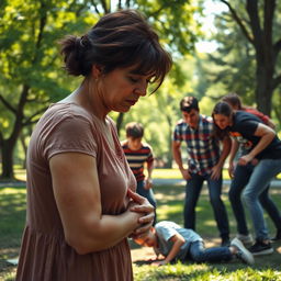 A heart-wrenching scene featuring a sad mother, her face etched with concern and distress as she witnesses a group of bullies attacking a young boy in a public park