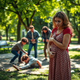 A heart-wrenching scene featuring a sad mother, her face etched with concern and distress as she witnesses a group of bullies attacking a young boy in a public park