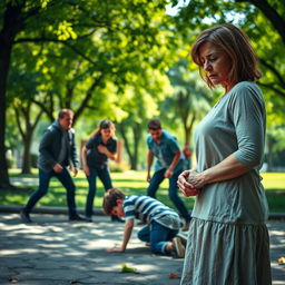A heart-wrenching scene featuring a sad mother, her face etched with concern and distress as she witnesses a group of bullies attacking a young boy in a public park