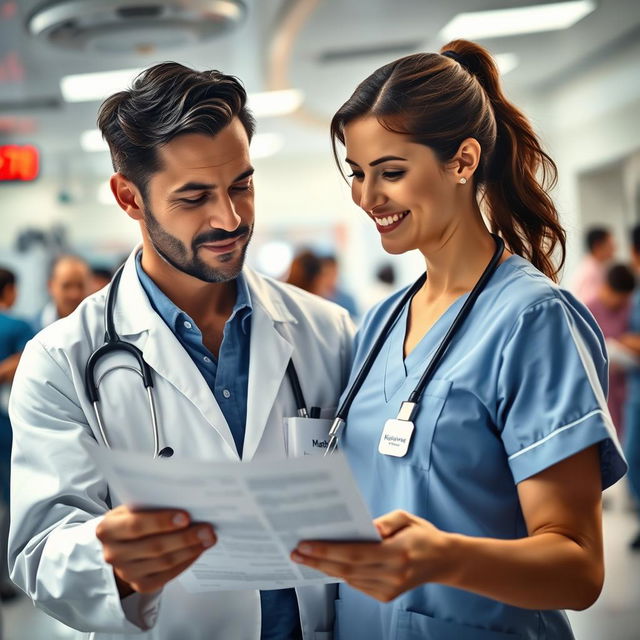 A dedicated doctor in a bustling emergency department, focusing intently on a medical chart as he glances at his wife, who stands beside him with a warm smile