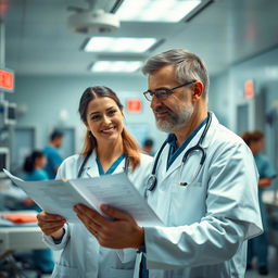 A dedicated doctor in a bustling emergency department, focusing intently on a medical chart as he glances at his wife, who stands beside him with a warm smile