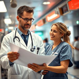 A dedicated doctor in a bustling emergency department, focusing intently on a medical chart as he glances at his wife, who stands beside him with a warm smile