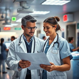 A dedicated doctor in a bustling emergency department, focusing intently on a medical chart as he glances at his wife, who stands beside him with a warm smile