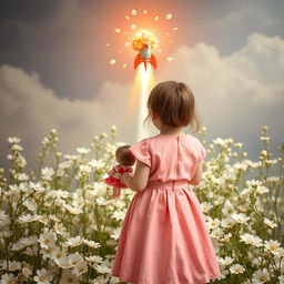 A whimsical scene featuring a little girl in a pink dress, seen from the back, holding a doll in her hand
