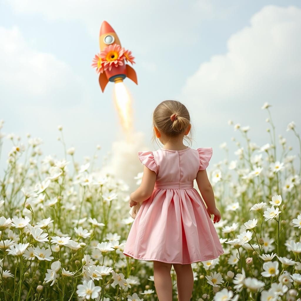 A whimsical scene featuring a little girl in a pink dress, seen from the back, holding a doll in her hand