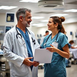 A compassionate doctor in a busy emergency department, illustrating a strong bond with his wife, who is also a healthcare professional