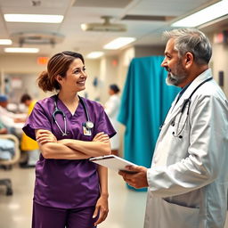 A compassionate doctor in a busy emergency department, illustrating a strong bond with his wife, who is also a healthcare professional