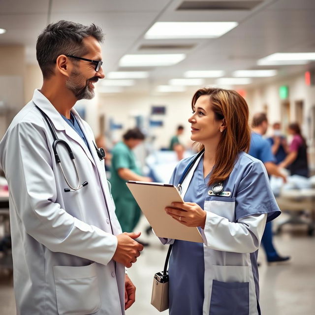 A compassionate doctor in a busy emergency department, illustrating a strong bond with his wife, who is also a healthcare professional