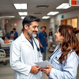 A compassionate doctor in a busy emergency department, illustrating a strong bond with his wife, who is also a healthcare professional