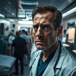 A dedicated doctor in a busy emergency department, his face showing shock and concern as he sees the face of his wife subtly embedded within the chaotic environment of the ED