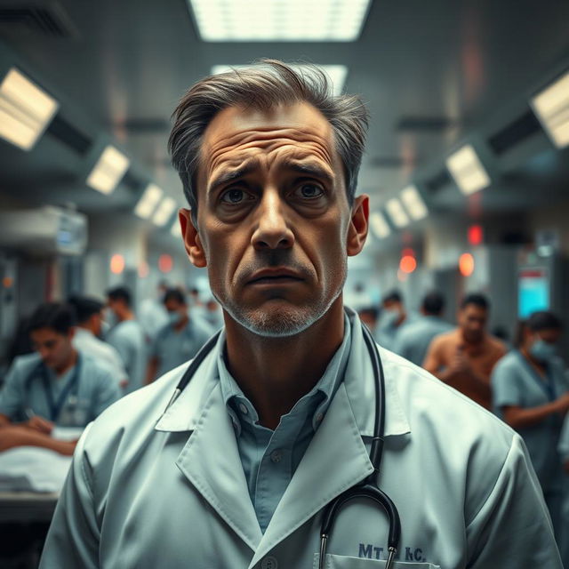 A dedicated doctor in a busy emergency department, his face showing shock and concern as he sees the face of his wife subtly embedded within the chaotic environment of the ED