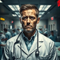 A dedicated doctor in a busy emergency department, his face showing shock and concern as he sees the face of his wife subtly embedded within the chaotic environment of the ED