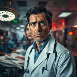 A dedicated doctor in a busy emergency department, his face showing shock and concern as he sees the face of his wife subtly embedded within the chaotic environment of the ED