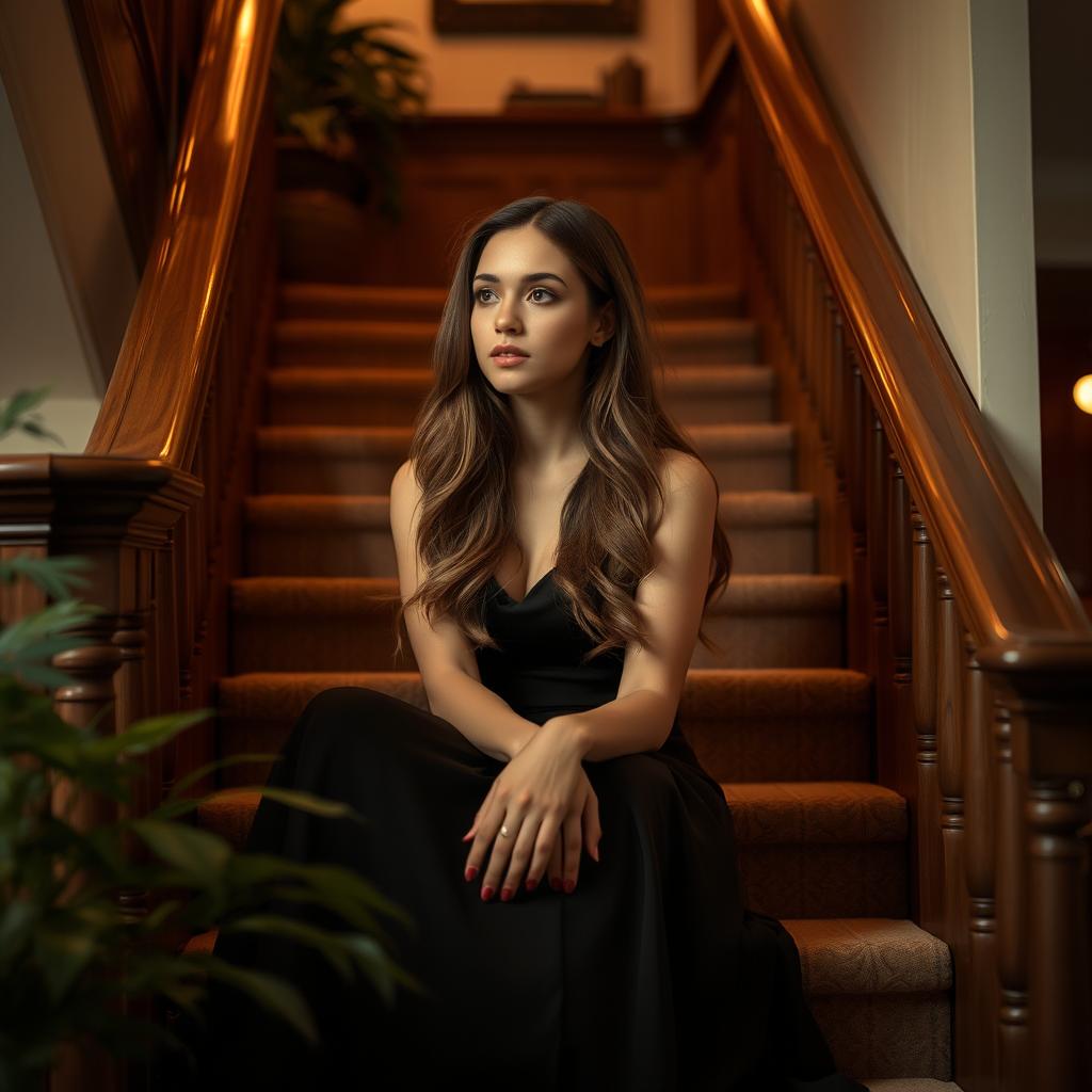 A beautiful young woman sitting on a staircase, elegantly dressed, with long-flowing hair